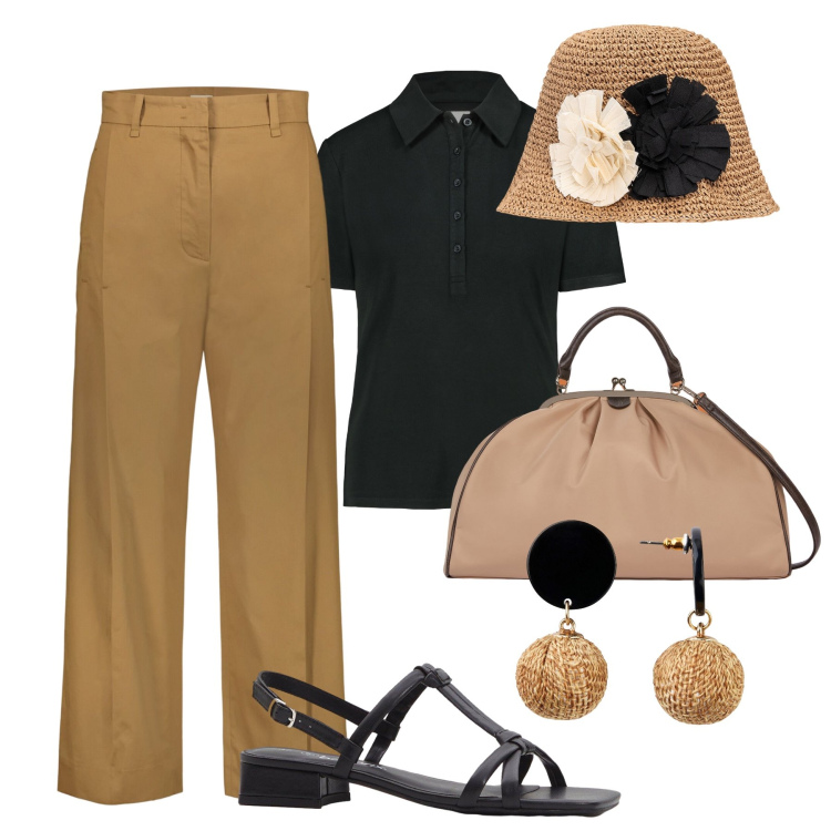 Outfit donna - Mannish rivisitato in estate. Stile Mannish Abbinamento con orecchini, sandali col tacco, pantaloni, cappelli, polo, borse a spalla.
