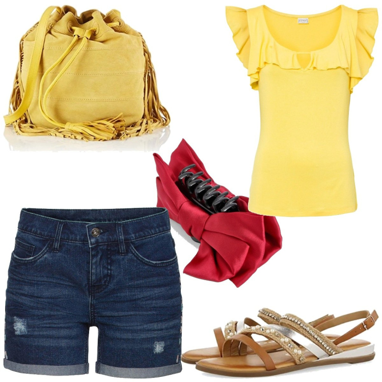Outfit femme - Jaune TouChe de Rouge. Style Basique pour Tous les jours. Assortir avec hauts, short, sandales, sacs en bandoulière, accessoires pour cheveux.