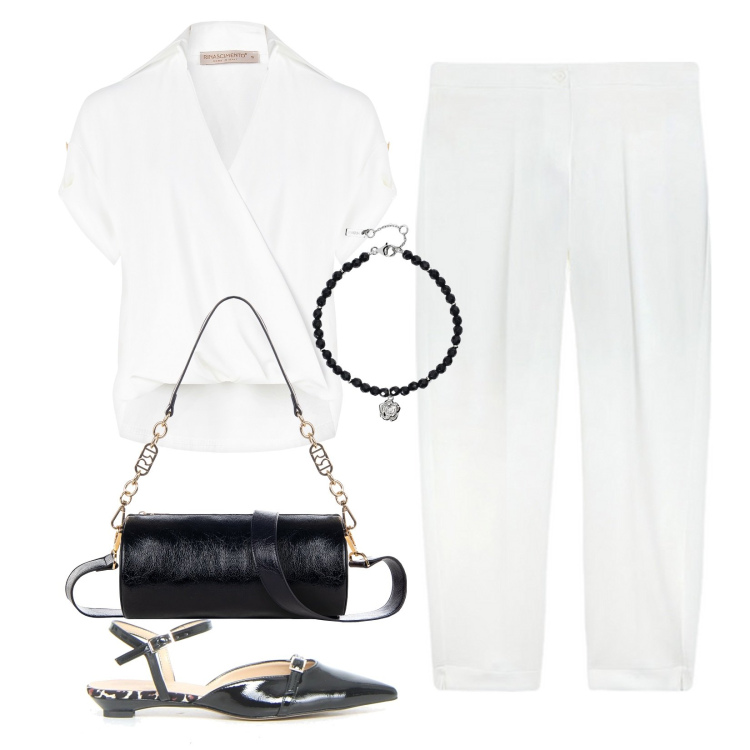 Outfit donna - Total look #2192927. Stile Casual per Serata fuori. Abbinamento con braccialetti, bluse, borse a mano, pantaloni, sandali in pelle.