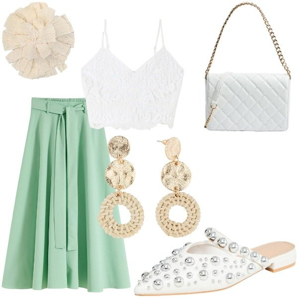 Outfit donna - Serata tra amici. Stile Casual chic per Serata fuori. Abbinamento con gonne lunghe, orecchini, top, ballerine, borse a tracolla, accessori per capelli.