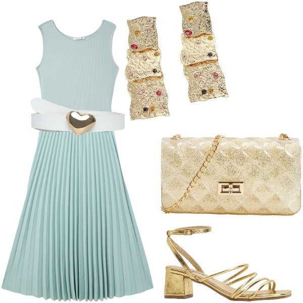 Outfit donna - Compleanno a sopresa. Stile Casual chic per Serata fuori. Abbinamento con sandali col tacco, vestiti lunghi, cinture, borse a tracolla, orecchini.