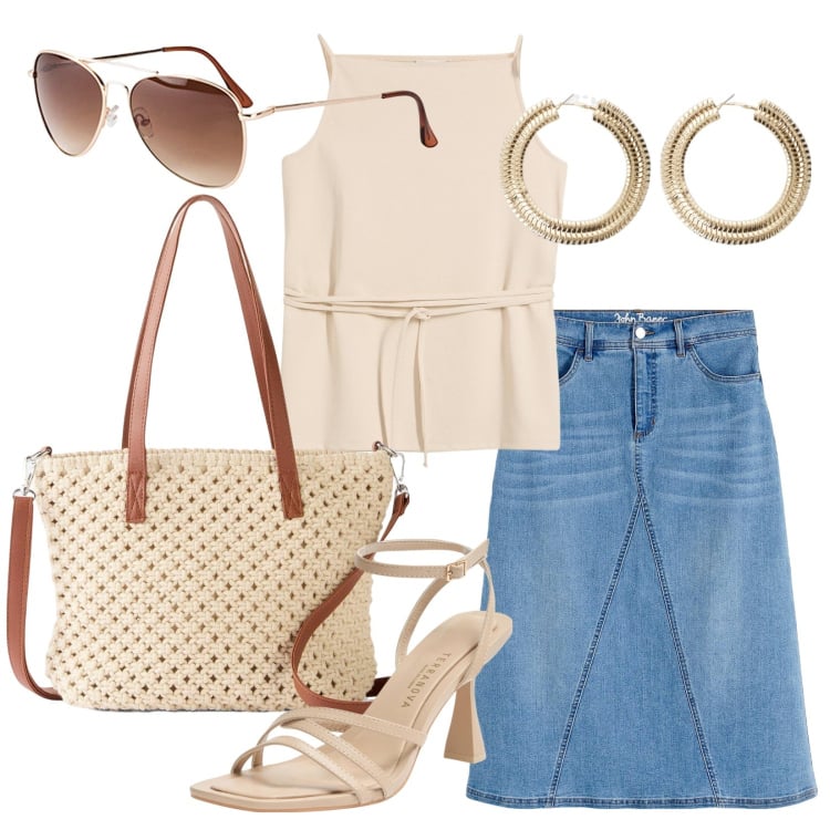 Outfit donna - Borsa di paglia in città. Stile Casual chic per Ufficio. Abbinamento con gonne, borse a mano, occhiali da sole, top, sandali col tacco, orecchini.