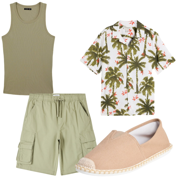 Outfit uomo - Hawaii. Stile Casual per Tutti i giorni. Abbinamento con camicie a manica corta, pantaloni corti, espadrillas, canottiere.