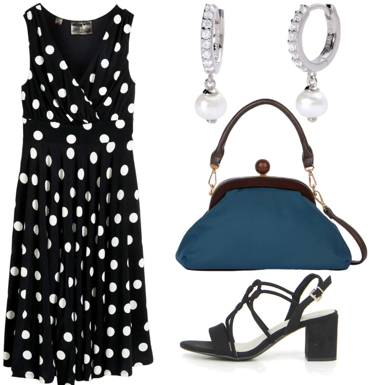 Outfit donna - In ufficio. Stile Vintage retrò per Tutti i giorni. Abbinamento con vestiti, orecchini, clutch, sandali col tacco.