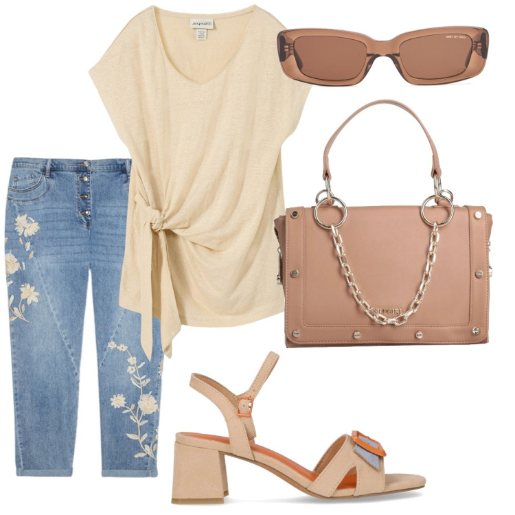 Outfit donna - La maglia col nodo. Stile Casual chic per Tutti i giorni. Abbinamento con maglieria, borse a mano, jeans, sandali col tacco, occhiali da sole.
