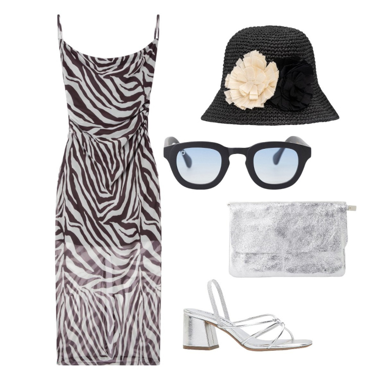 Outfit donna - Look at me!. Stile Trendy per Cerimonia. Abbinamento con sandali col tacco, vestiti lunghi, occhiali da sole, borse a tracolla, cappelli.