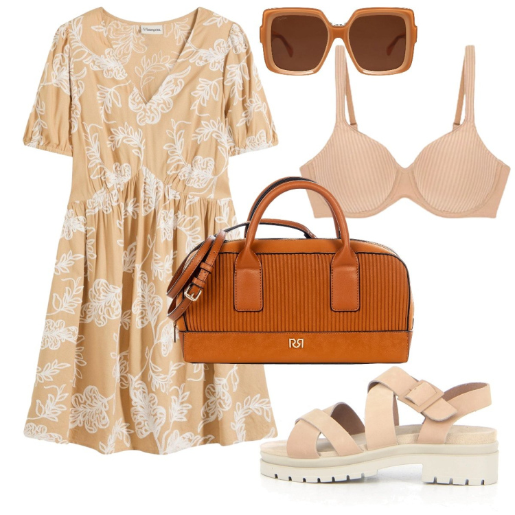 Outfit donna - Ricami sul vestito. Stile Boho per Tutti i giorni. Abbinamento con vestiti, occhiali da sole, borse a mano, reggiseni, sandali.