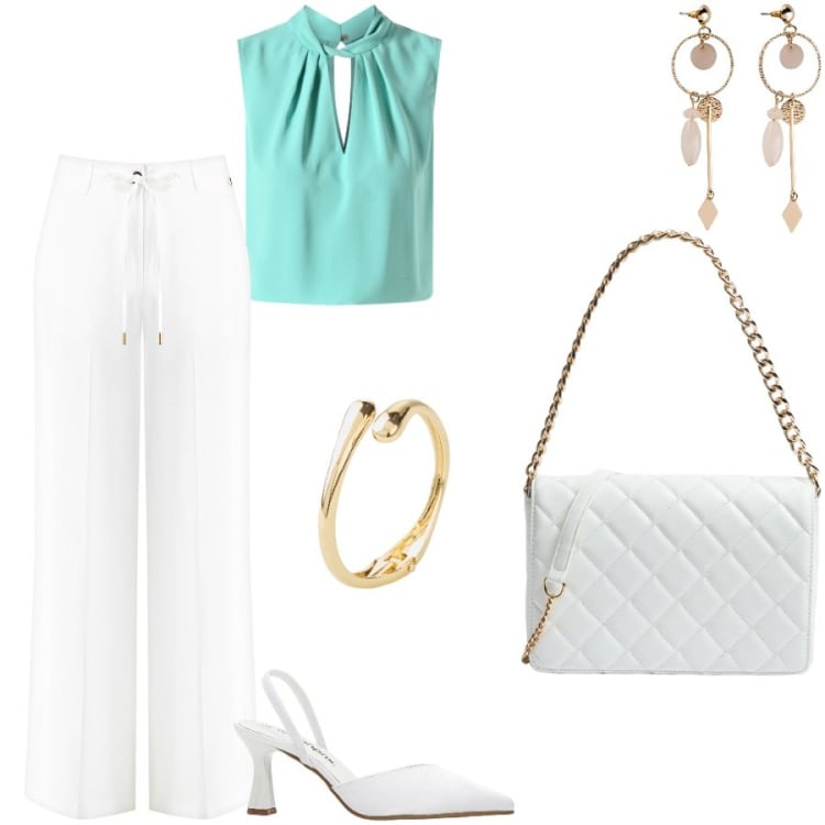 Outfit donna - Una bella serata. Stile Sporty chic per Serata fuori. Abbinamento con décolleté, orecchini, braccialetti, borse a tracolla, pantaloni, top.