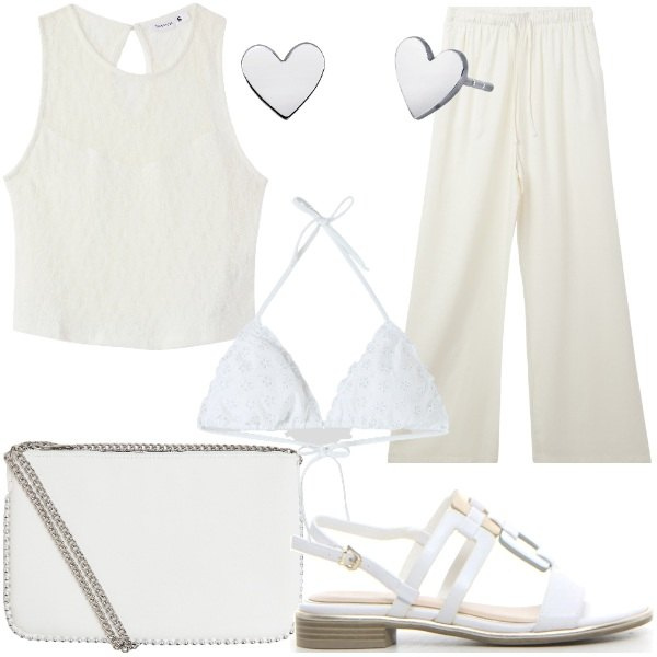 Outfit donna - Bianco power Donna Curvy. Stile Casual chic per Tutti i giorni. Abbinamento con top, bikini, borse a tracolla, pantaloni, orecchini, sandali.