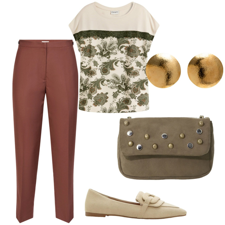 Outfit donna - Mocassino anche d\'estate. per Tutti i giorni. Abbinamento con t-shirt, mocassini, borse a tracolla, pantaloni, orecchini.