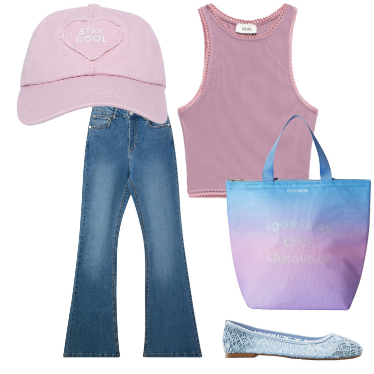 Outfit donna - Cool and glam. Stile Casual chic per Tutti i giorni. Abbinamento con ballerine, cappelli, jeans a zampa, borse tote, top.