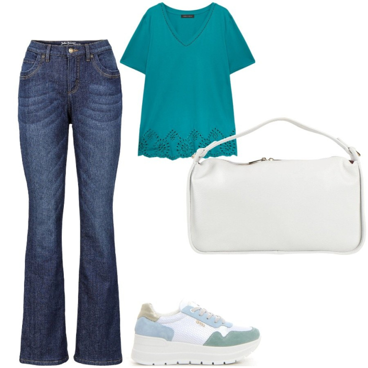 Outfit donna - Co la pazza iñ. Stile Casual per Tutti i giorni. Abbinamento con jeans bootcut, borse a mano, sneakers, bluse.
