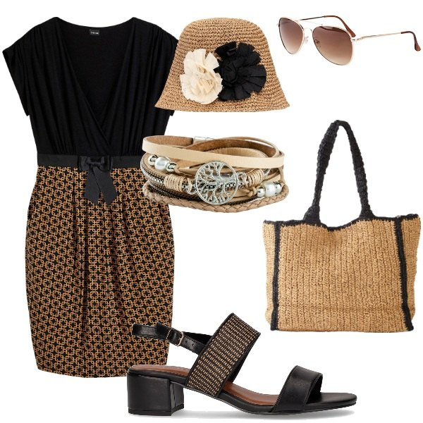 Outfit donna - Andiamo a fare shopping. Stile Casual chic per Tutti i giorni. Abbinamento con braccialetti, shopping bag, occhiali da sole, vestiti, cappelli, sandali col tacco.