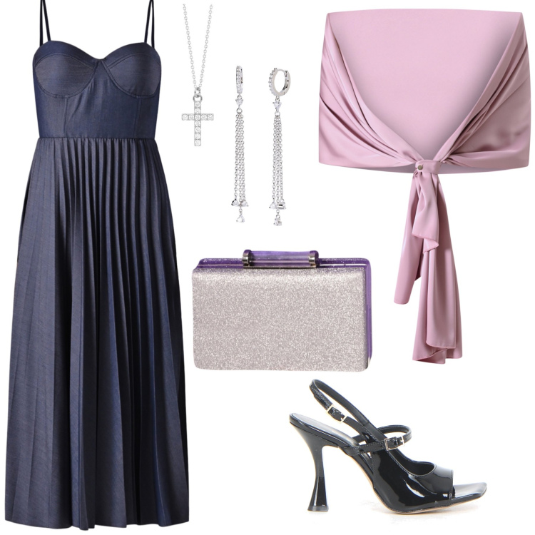 Outfit donna - Una serata formale. Stile Glamour per Serata fuori. Abbinamento con orecchini, collane, scialli, pochette, vestiti midi/longuette, sandali col tacco.