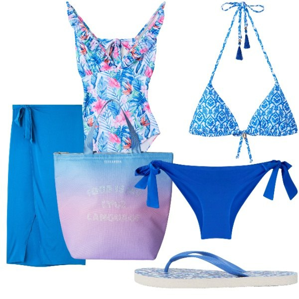Outfit donna - cambio costume. Stile Casual per Mare. Abbinamento con infradito, bikini, vestiti da spiaggia, costumi interi, bikini, borse tote.