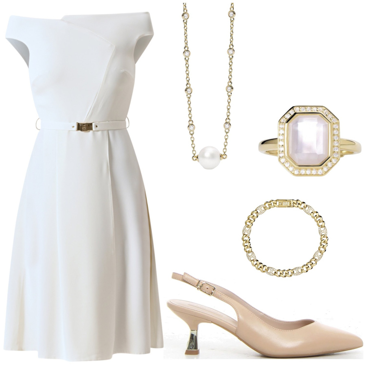 Outfit donna - All’insegna del bianco. Stile Bon Ton per Cerimonia. Abbinamento con anelli, collane, braccialetti, vestiti, décolleté.