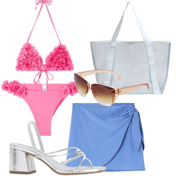 Outfit donna - l bikini rosa. Stile Glamour per Mare. Abbinamento con occhiali da sole, sandali col tacco, vestiti da spiaggia, bikini, shopping bag, bikini.