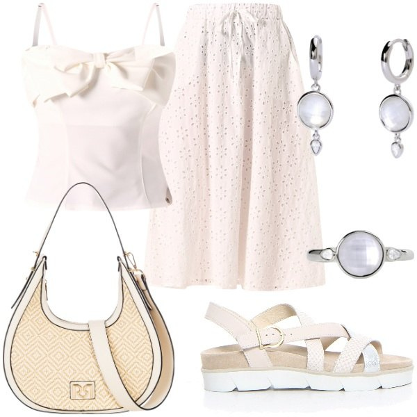 Outfit donna - Bianco curvy power. Stile Glamour per Serata fuori. Abbinamento con gonne longuette, canottiere, borse a mano, orecchini, anelli, sandali.