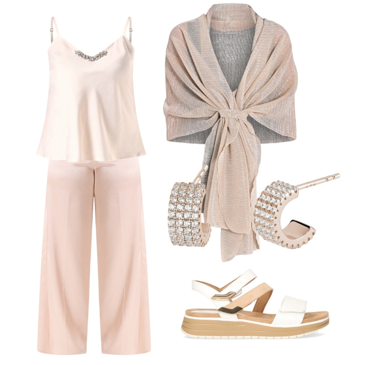 Outfit donna - Total look #2192993. Abbinamento con orecchini, stole, canottiere, pantaloni a palazzo, sandali.
