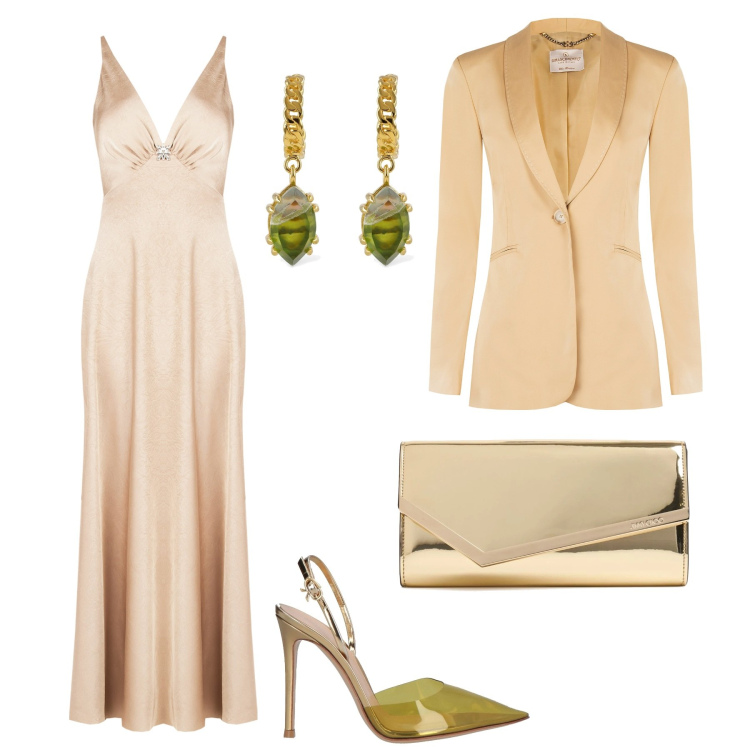 Outfit donna - Cerimonia di sera. Stile Chic per Cerimonia. Abbinamento con décolleté, vestiti lunghi, blazer, pochette, orecchini.