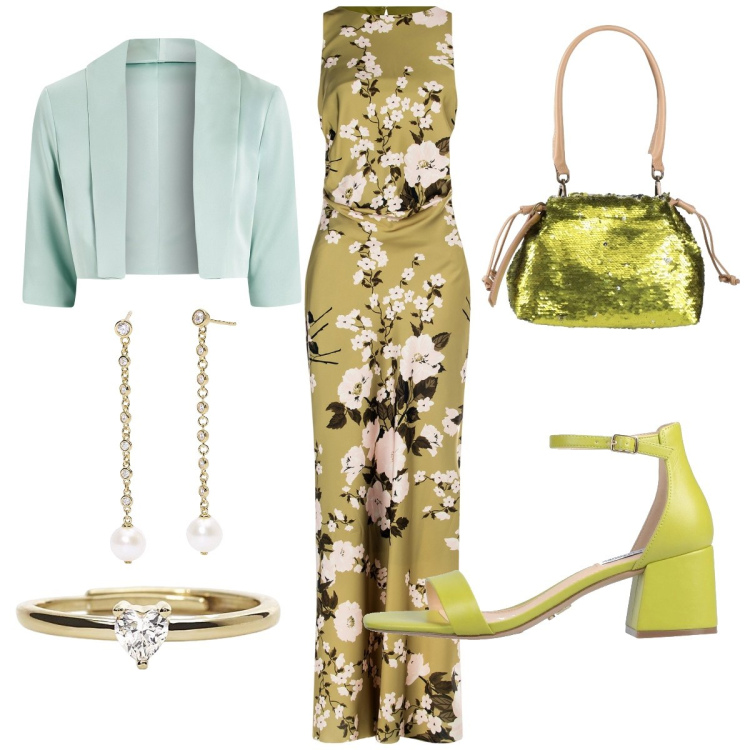 Outfit donna - Nozze in riva al lago. Stile Chic per Cerimonia. Abbinamento con sandali in pelle, borse a mano, orecchini, anelli, vestiti lunghi, bolero.