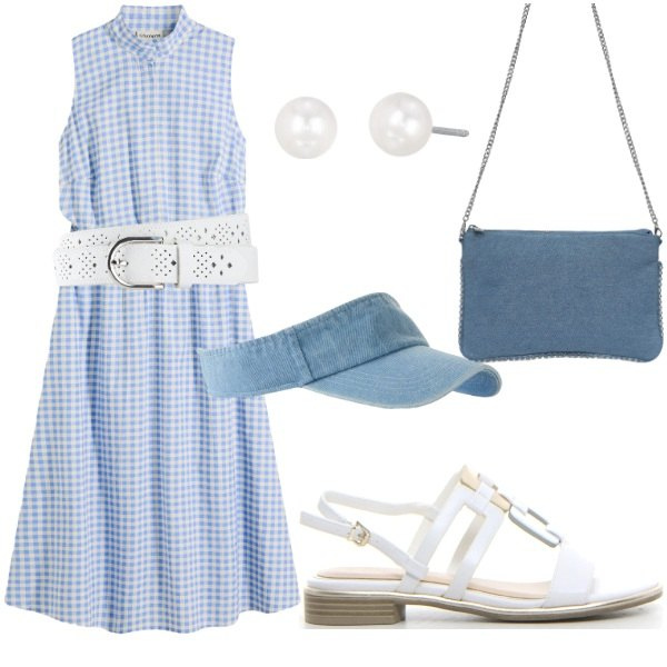 Outfit donna - A spasso per la città. Stile Casual chic per Tutti i giorni. Abbinamento con vestiti, cinture, cappelli con visiera, borse a tracolla, orecchini, sandali.