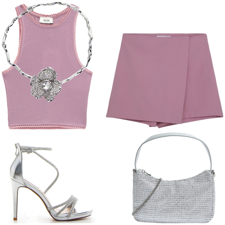 Outfit donna - Serata fuori. Stile Glamour per Serata fuori. Abbinamento con minigonne, borse a tracolla, collane, top, sandali col tacco.