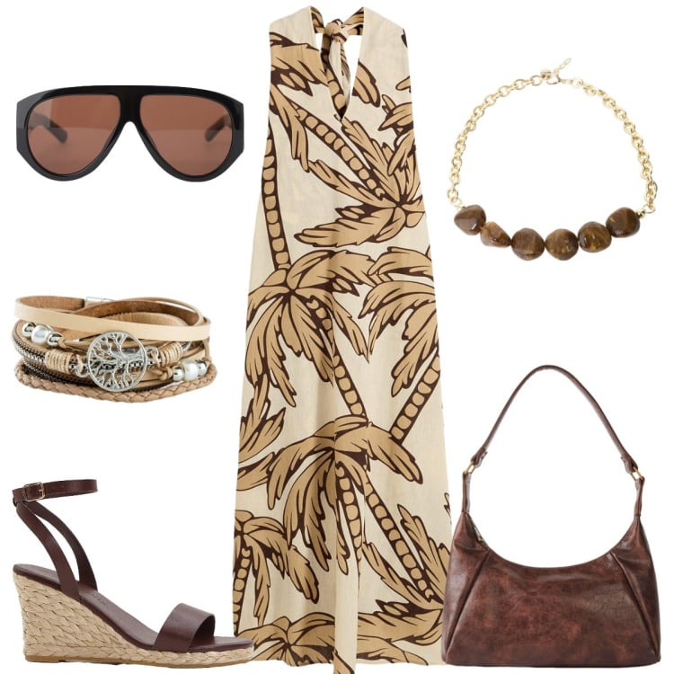 Outfit donna - In vacanza. Stile Casual per Tutti i giorni. Abbinamento con vestiti, borse a mano, sandali, braccialetti, occhiali da sole, collane.