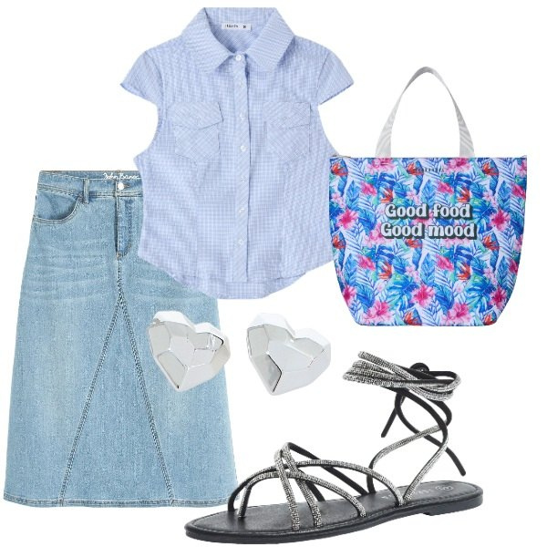 Outfit donna - Comoda in jeans. Stile Casual per Serata fuori. Abbinamento con gonne, sandali alla schiava, camicie a manica corta, borse tote, orecchini.