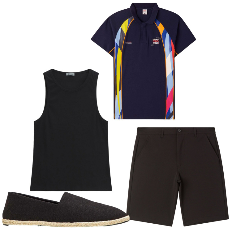 Outfit uomo - Nero. Stile Casual per Tutti i giorni. Abbinamento con espadrillas, polo, pantaloni corti, canottiere.