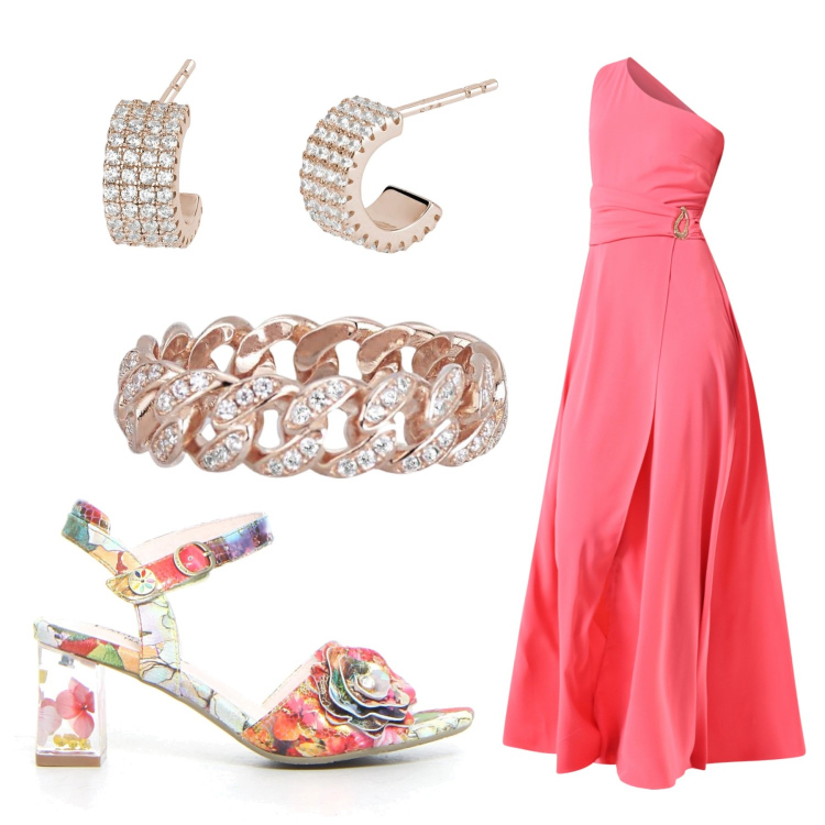Outfit donna - Pronti per divertirsi. Stile Chic per Cerimonia. Abbinamento con vestiti asimmetrici, orecchini, anelli, sandali col tacco.