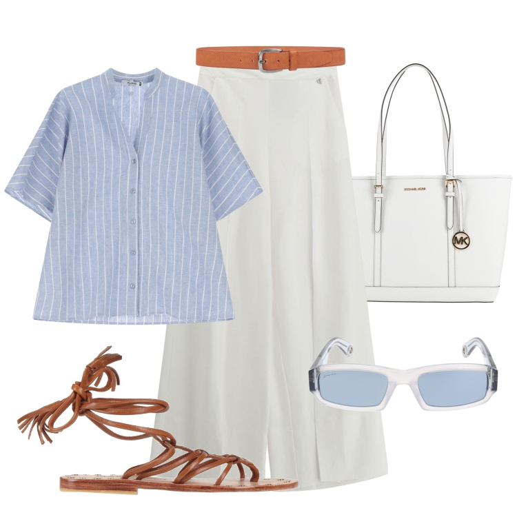 Outfit donna - Look fresco in città. Stile Trendy per Tutti i giorni. Abbinamento con infradito, borse a spalla, cinture, camicie a manica corta, pantaloni a palazzo, occhiali da sole.