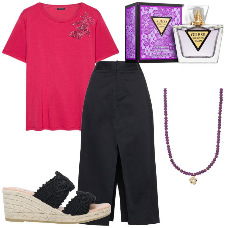 Outfit donna - Gonna lunga nera. Stile Bon Ton per Ufficio. Abbinamento con espadrillas, profumi, collane, t-shirt, gonne sportive.