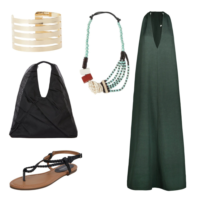 Outfit donna - Un po\' gitana. Stile Boho per Mare. Abbinamento con ciabatte, braccialetti, vestiti midi/longuette, collane, shopping bag.