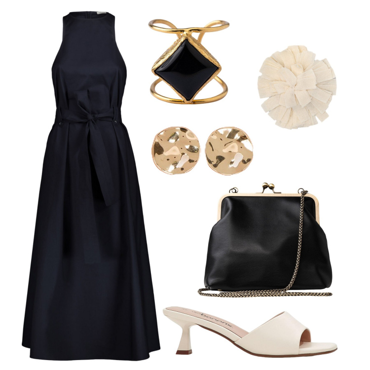 Outfit donna - Cena estiva Doppelganger. Stile Bon Ton per Serata fuori. Abbinamento con ciabatte, vestiti midi/longuette, clutch, anelli, orecchini, accessori per capelli.