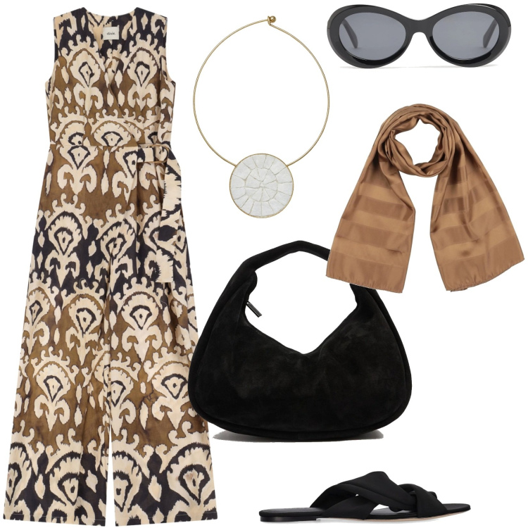 Outfit donna - In ufficio. Stile Etnico per Ufficio. Abbinamento con collane, sciarpe, tute, borse a mano, sandali col tacco, occhiali da sole.