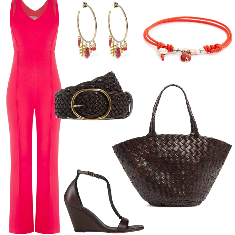 Outfit donna - A cena con amici. Stile Chic per Serata fuori. Abbinamento con sandali in pelle, tute, orecchini, shopping bag, braccialetti, cinture.