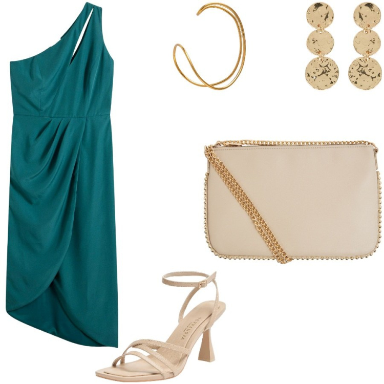 Outfit donna - Vestito verde con assimetrie. Stile Glamour per Serata fuori. Abbinamento con vestiti, borse a tracolla, sandali col tacco, orecchini, braccialetti.