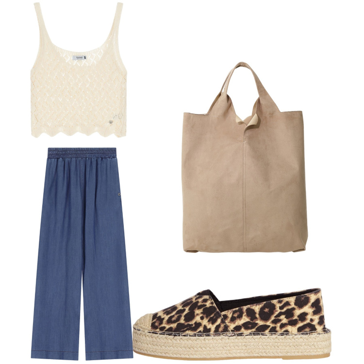 Outfit donna - Aperitivo. Stile Trendy per Tutti i giorni. Abbinamento con espadrillas, top, pantaloni, shopping bag.