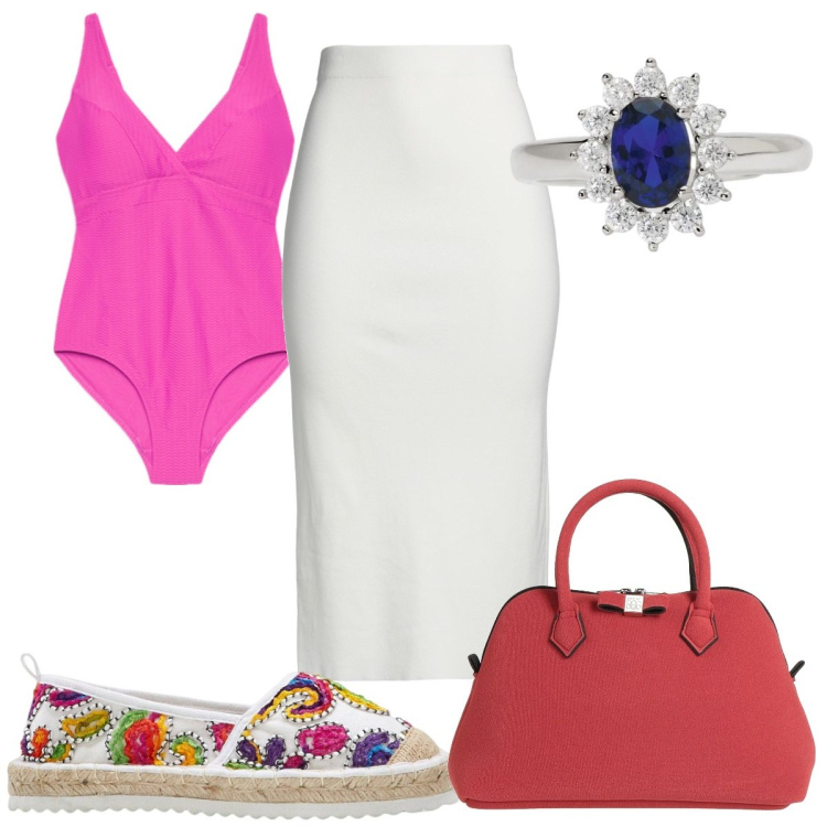 Outfit donna - Total look #2193124. Stile Trendy per Mare. Abbinamento con espadrillas, gonne longuette, borse a mano, anelli, costumi interi.