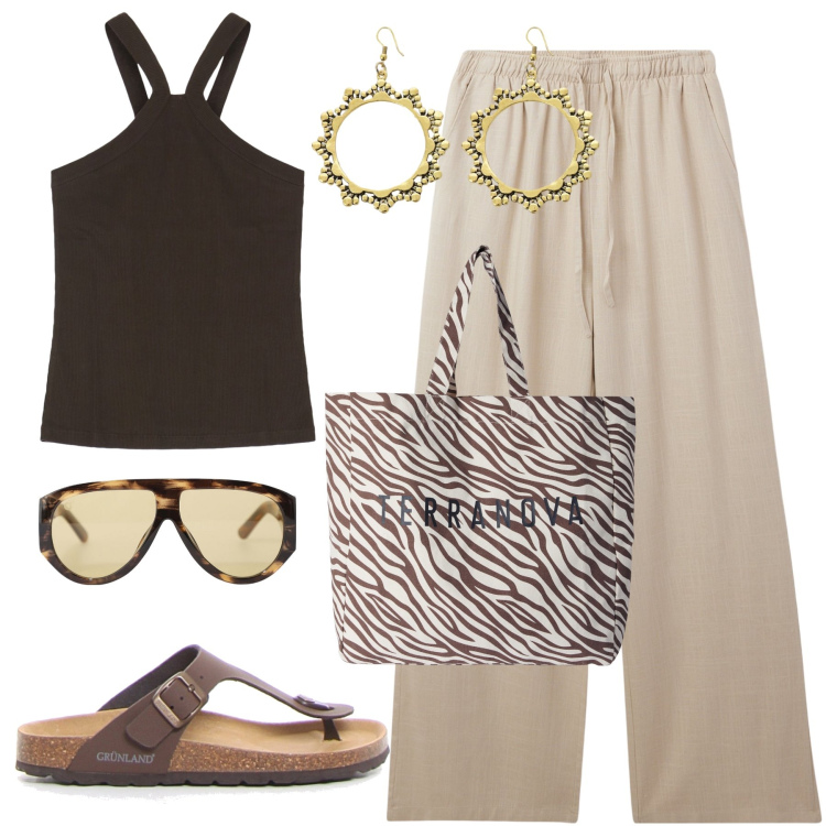 Outfit donna - Colori della terra. Stile Casual per Tutti i giorni. Abbinamento con borse tote, pantaloni, occhiali da sole, top, orecchini, ciabatte.