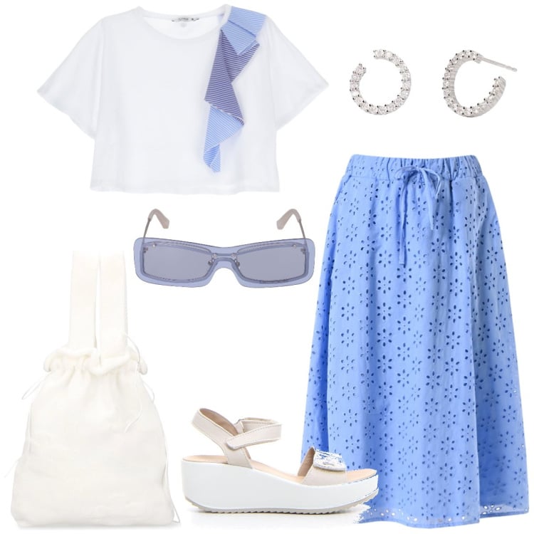 Outfit donna - Pizzo San Gallo. Stile Romantica per Tutti i giorni. Abbinamento con orecchini, gonne longuette, t-shirt, sandali, borse a mano, occhiali da sole.