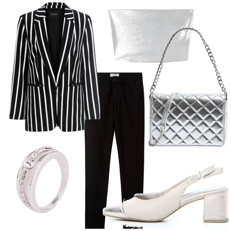 Outfit donna - Spendente argento. Stile Casual chic per Serata fuori. Abbinamento con blazer, anelli, pantaloni chino, top, borse a tracolla, décolleté.