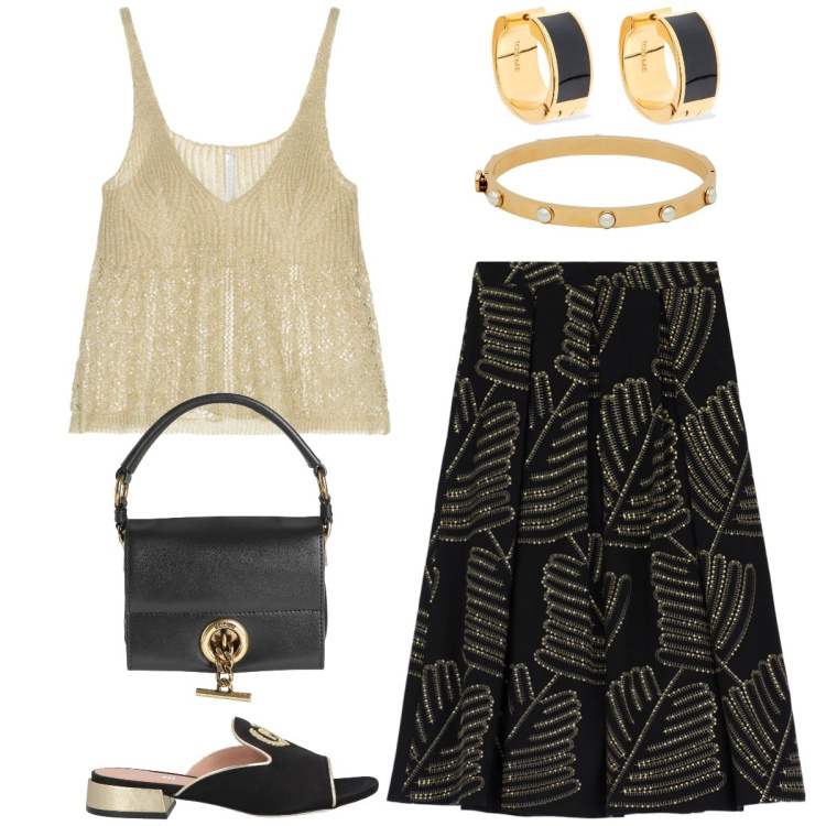 Outfit donna - Serata estiva. Stile Casual chic per Serata fuori. Abbinamento con sandali in pelle, borse a mano, braccialetti, top, gonne lunghe, orecchini.