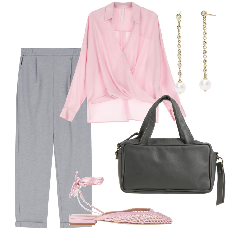 Outfit donna - Sabato mattina. per Tutti i giorni. Abbinamento con ballerine, borse a mano, orecchini, bluse, pantaloni.