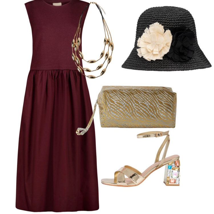 Outfit donna - Domenica. per Cerimonia. Abbinamento con pochette, sandali gioiello, collane, vestiti midi/longuette, cappelli.