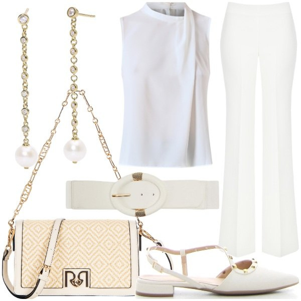 Outfit donna - Donna Curvy in Bianco. Stile Glamour per Serata fuori. Abbinamento con cinture, orecchini, top, pantaloni a palazzo, borse a tracolla, sandali in pelle.