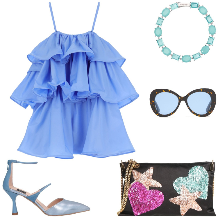 Outfit donna - Il mini abito con le rouches. Stile Romantica per Serata fuori. Abbinamento con décolleté, borse a tracolla, braccialetti, vestiti corti, occhiali da sole.