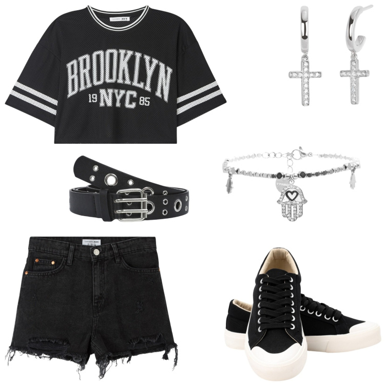 Outfit donna - Urban style. Stile Urban per Tutti i giorni. Abbinamento con shorts, t-shirt, cinture, orecchini, braccialetti, sneakers.