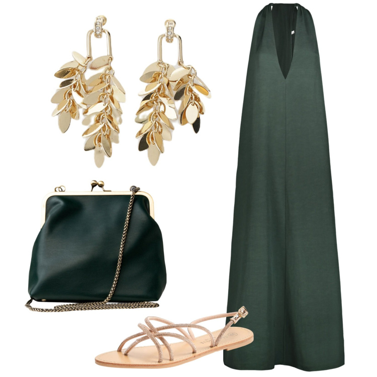 Outfit donna - Abito lungo e sandali flat. Stile Minimal per Serata fuori. Abbinamento con sandali, orecchini, vestiti midi/longuette, clutch.